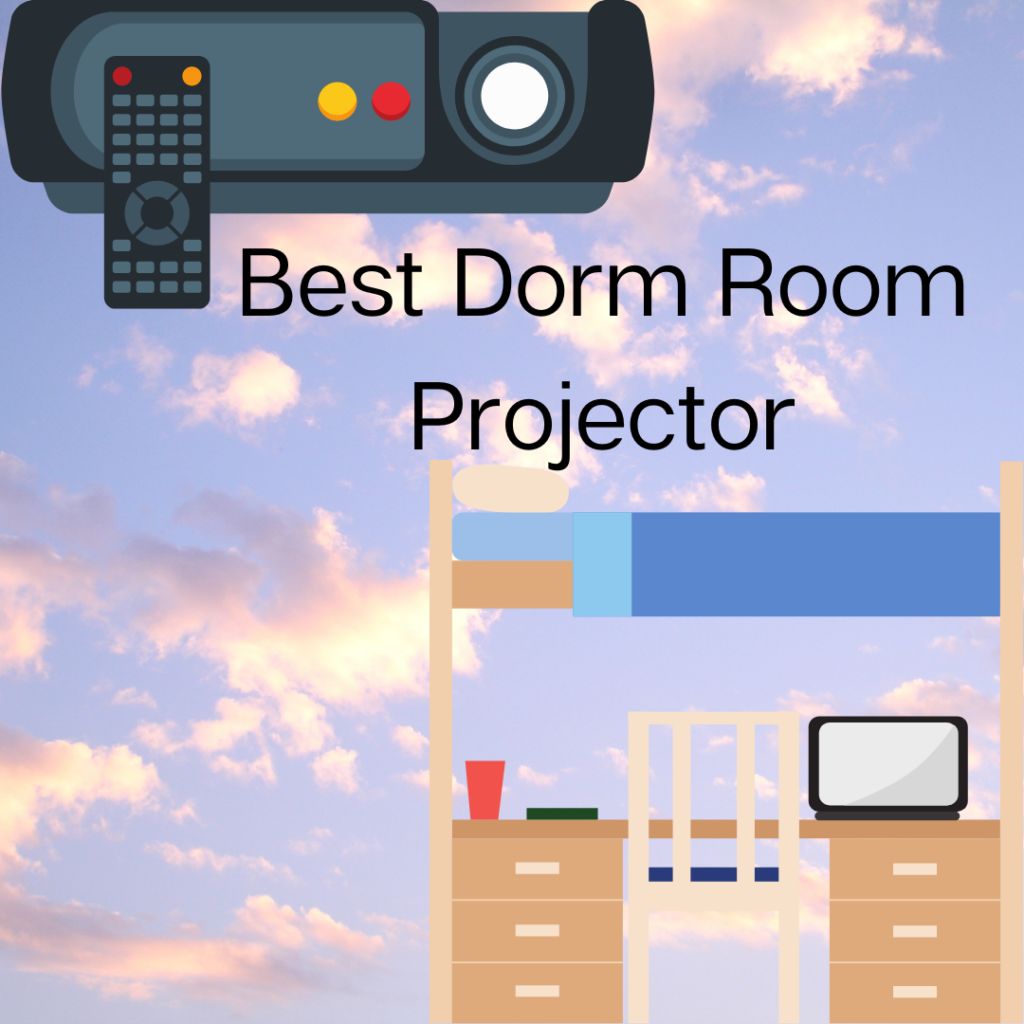 dorm room image and projector with remote image with sunset background